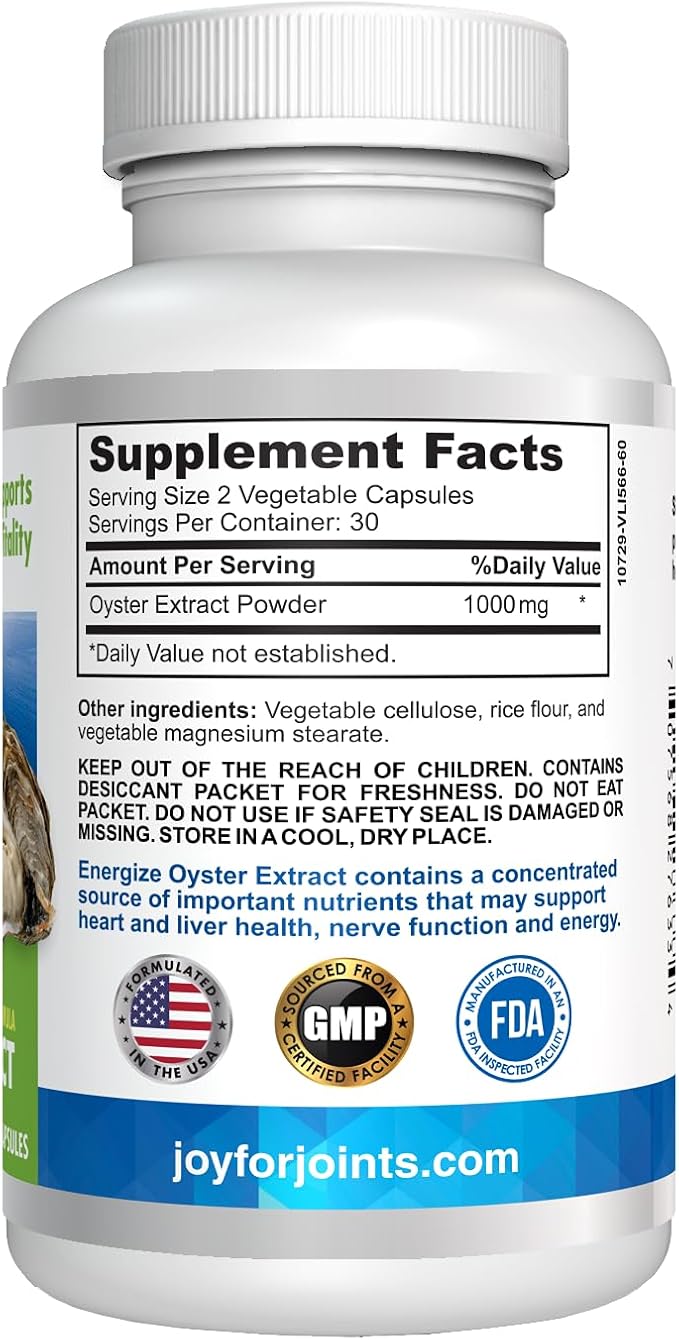 Energize Oyster Extract Supplement for Men & Women - Zinc, Taurine, Amino Acids - Supports Energy, 500 mg, 60 Veg Capsules