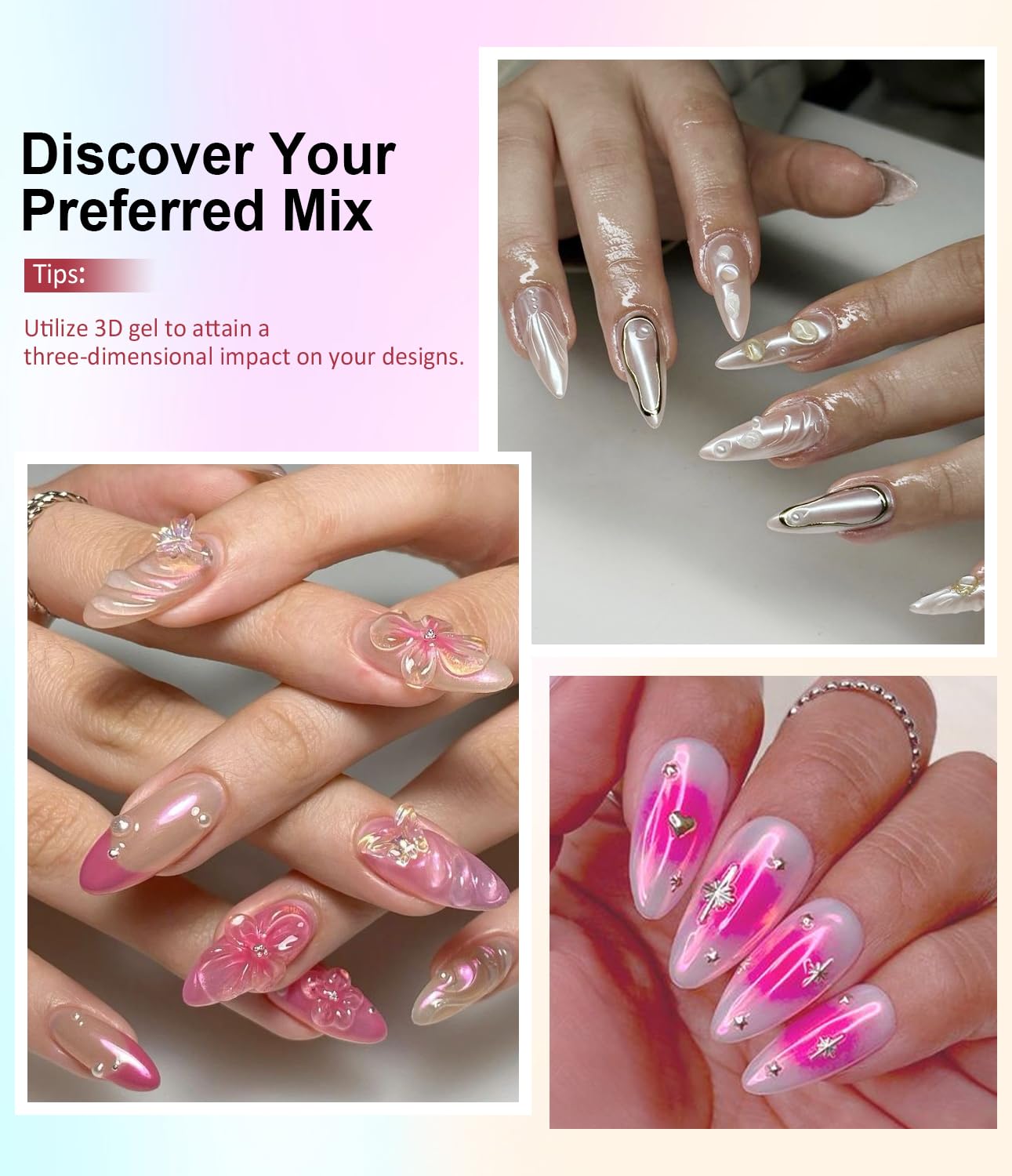 Clear 3D Nail Gel BISHENGYF: Super Shiny Pink White Clear Chrome Nail Powder 15g No Wipe 3D Sculpting Gel for Nail Art Non-Sticky Hand Hard Gel with Chrome Powder for Nails Art Home DIY