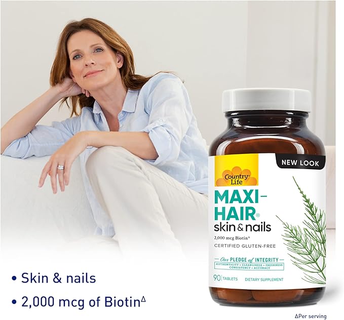 Country Life Maxi-Hair Supplement - 2000mcg Biotin & Vitamins for Hair, Skin & Nails - Certified Gluten-Free & Vegetarian - Supports Hair Growth, 90 Tablets