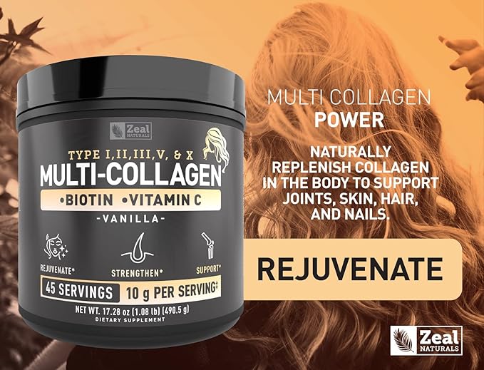 Premium Multi Collagen Peptides Protein Powder (1, 2, 3, 5 & 10) with Vitamin C, Biotin, Hyaluronic Acid, for Hair Skin and Nails - Marine, Bovine, Chicken & Eggshell (Vanilla, 45 Servings)
