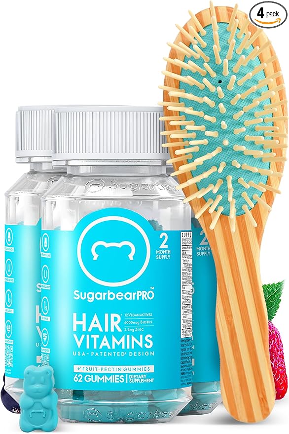 Sugarbear Hair Vitamin Gummy 6 Month Supply Extra Strength Biotin 6000mcg + Bamboo Hair Brush - Growth for Men & Women, Vegan Vitamin B12, Inositol, Elderberry, Certified Kosher, Halal, Cruelty-Free