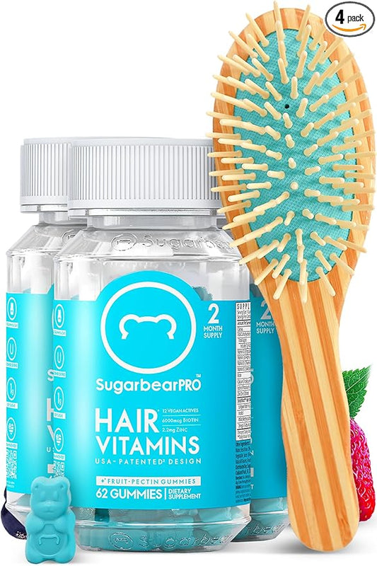 Sugarbear Hair Vitamin Gummy 6 Month Supply Extra Strength Biotin 6000mcg + Bamboo Hair Brush - Growth for Men & Women, Vegan Vitamin B12, Inositol, Elderberry, Certified Kosher, Halal, Cruelty-Free