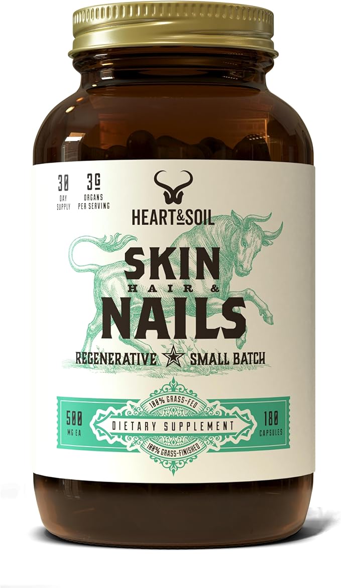 HEART & SOIL - Skin, Hair & Nails Supplement - Hair Skin and Nails Vitamins - Enriched with Biotin, Collagen, Vitamins A & E, Riboflavin, Elastin & More - 180 Capsules
