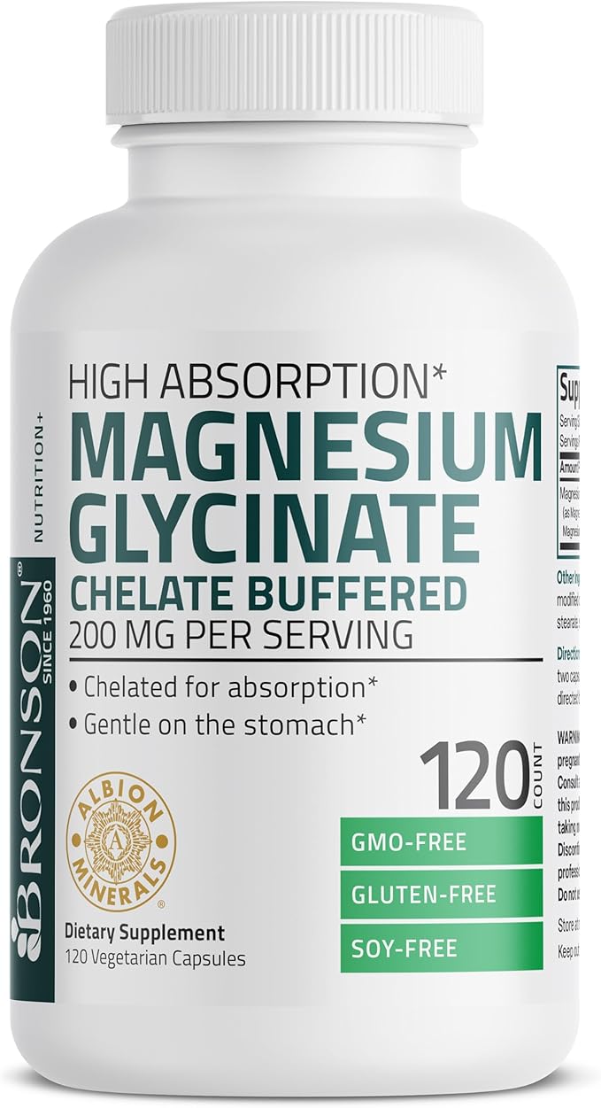 Bronson Magnesium Glycinate 200 MG per Serving Chelated for High Absorption, Gentle On Stomach, Non-GMO, 120 Vegetarian Capsules