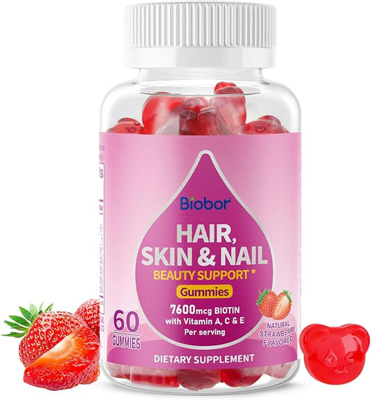 Vitamins Biotin 7600mcg Gummies, Natural Healthy Hair, Skin & Nails for Women, Hair Growth Vitamins,GMO-Free, Gluten Free (Strawberry, 60 Count)