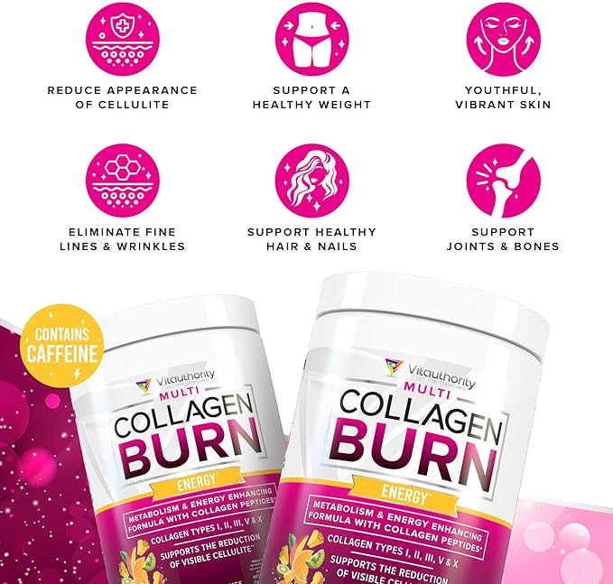 Multi Collagen Burn: Multi-Type Hydrolyzed Protein Peptides with Hyaluronic Acid, Vitamin C, SOD B Dimpless, Types I, II, III, V and X Collagen, with Caffeine