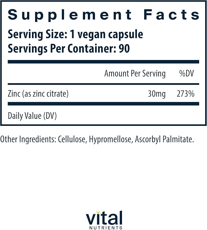 Vital Nutrients Zinc Citrate 30mg | Easily Absorbed Immune Support Supplement* | Vegan Zinc Supplement | Gluten, Dairy, Soy Free | Non-GMO | 30mg | 90 Capsules