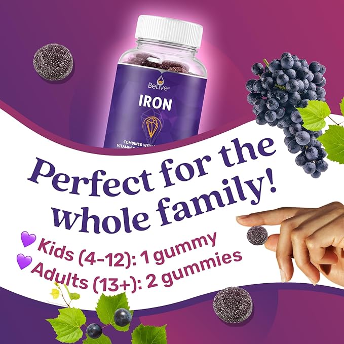 BeLive Iron Gummies - Multivitamin with Iron, Vitamins & Zinc for Blood Oxygen - Grape Flavor, Vegan Supplement for Women, Men & Kids