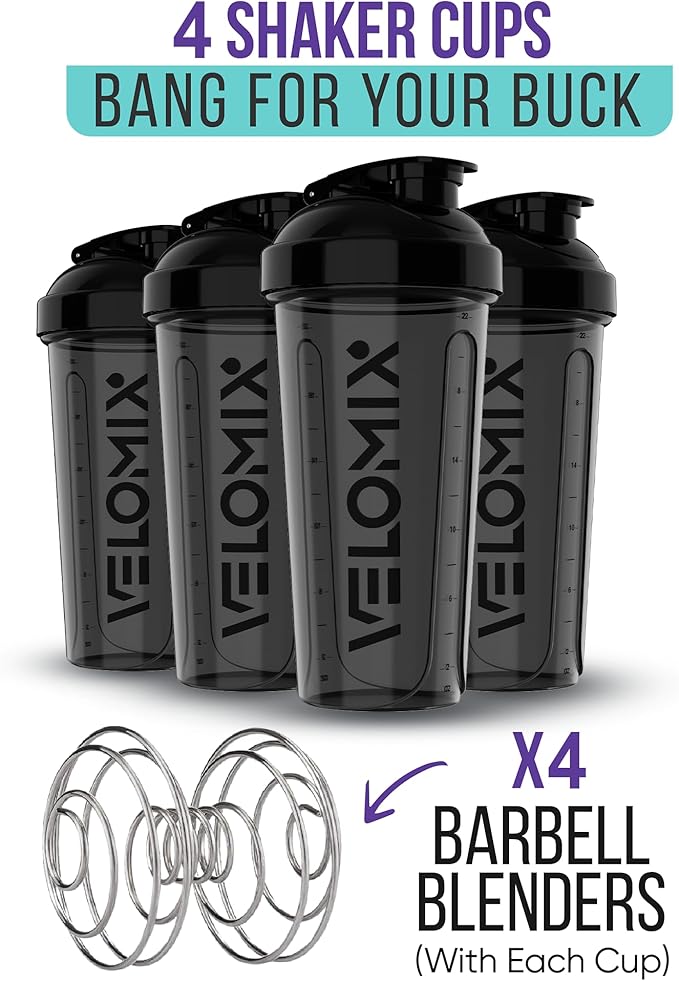 '-4 PACK- 28 oz Shaker Cups for Protein Shakes - 4x Wire Whisk | BPA-Free & Dishwasher Safe | Leak Proof Protein Shaker Bottles for Protein Mixes | Large Blender Shaker Bottle Pack (4 Black)
