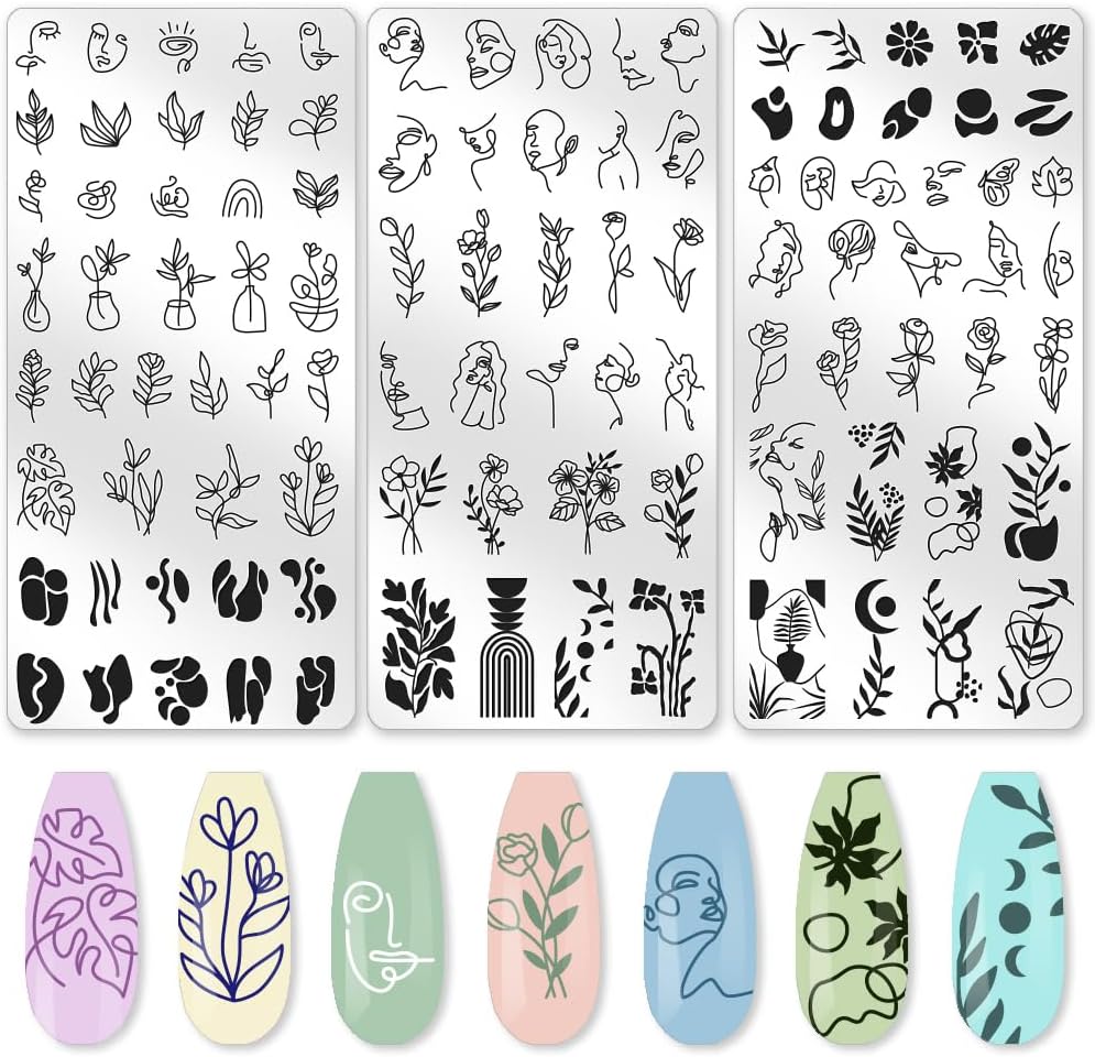 3Pcs Abstract Boho Nail Stamping Plate Set Nail Stamp Templates French Line Tip Lady Face Leaf Floral Metal Reusable Tools with Stamper Scraper for Manicure Printing