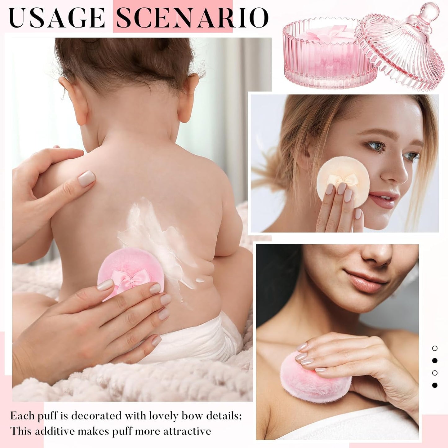 Tioncy 3 Pcs Large Body Powder Puff and Container Crystal Container Soft Washable Reusable Velour Face Body Glitter Powder Puff Wet Dry Makeup Simple Style (Pink)