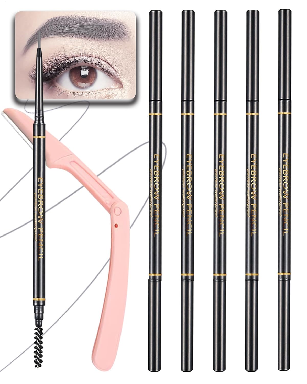 Gray Eye Brow Pencils for Women, 6Pcs Waterproof Eyebrow Pencil, 1.5mm Micro-Fine Tip & Spiral Brush with Brow Razors Perfect for Creating a Natural and Delicate Eyebrow Look Makeup