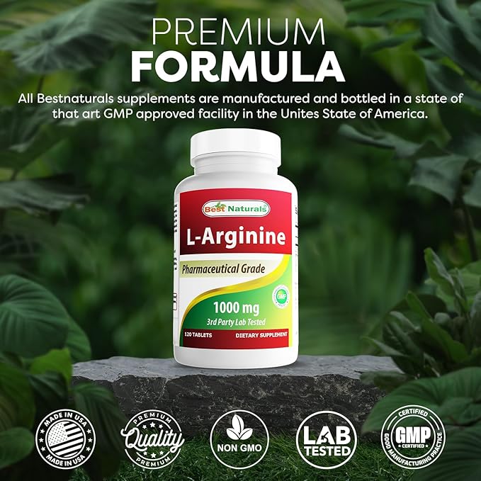 (New Improved Formula) Best Naturals L-Arginine 1000 mg 120 Tablets - Pharmaceutical Grade L Arginine supplement promotes nitric oxide synthesis