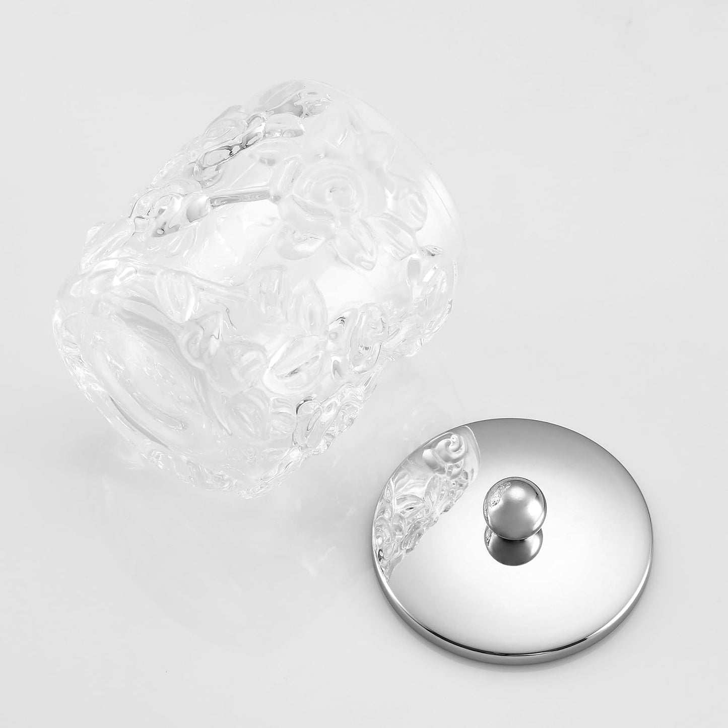 Home Glass Cotton Jar Holder Silver Lid, Elegant Bathroom Storage Canister for Qtips, Cotton Balls, Floss, Makeup Organizer, Vanity Bathroom Organization