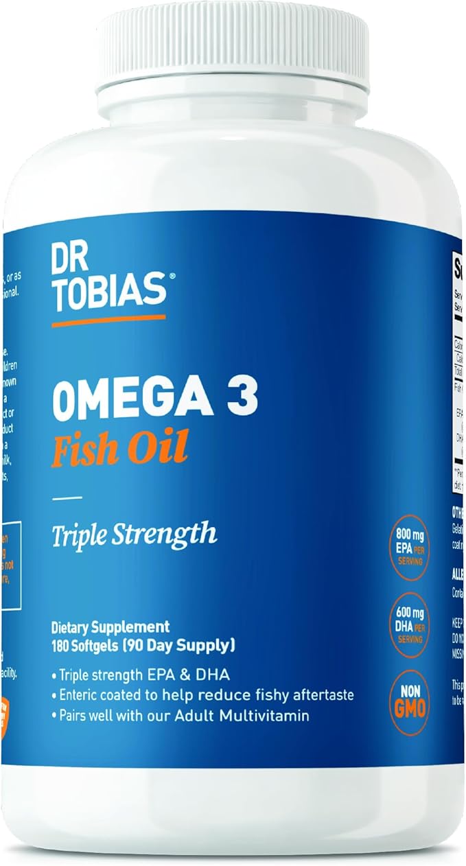 Dr. Tobias Omega 3 Fish Oil, 2000mg Triple Strength Omega 3 Supplement with 800mg EPA 600mg DHA Per Serving, Fish Oil Omega 3 Supplements for Heart, Brain & Immune Support, 180 Softgels, 90 Servings