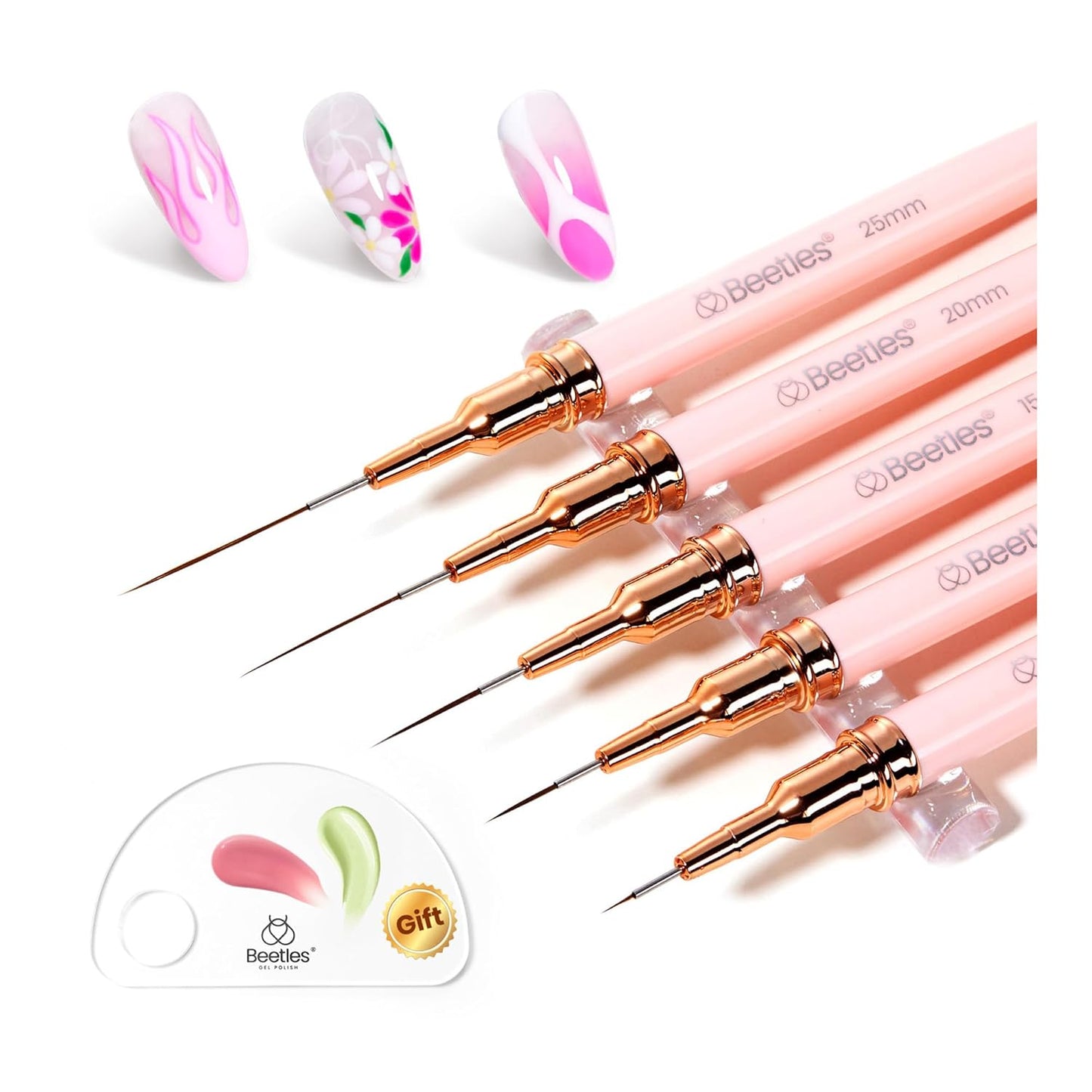 Beetles Gel Polish Nail Art Pens, 5pcs Nail Art Brushes Liner Brushes for Nails Pink Liner Sizes 5/9/15/20/25mm with Palette Holder Painting Manicure Design Tools for Long Lines, Details, Fine Drawing