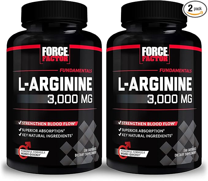 Force Factor L-Arginine, Nitric Oxide Supplement with BioPerine to Help Build Muscle & Support Stronger Blood Flow, Circulation, Nutrient Delivery, & Pumps, L-Arginine 3000mg, 150 Count (Pack of 2)