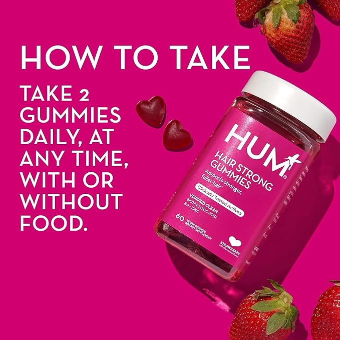 HUM Hair Strong - Daily Gummies with Biotin to Improve Hair Growth - Fo Ti, Folic Acid, Zinc, Vitamin B12 & PABA to Support Healthy Hair, Skin and Nails for Women and Men (100-Count)