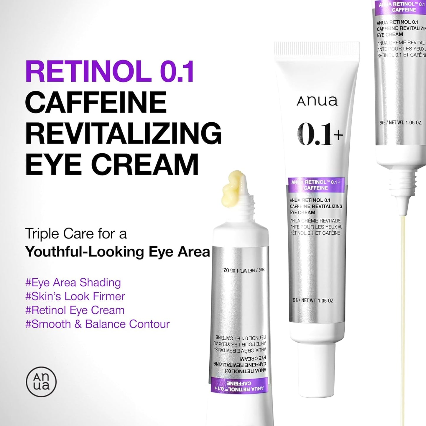 ANUA Retinol 0.1 Caffeine Revitalizing Eye Cream, Under Eye Cream For Hydration, Glow Up Eye Contour, Niacinamide, Retinol For Face, Night Cream For Eye Care, Korean Skin Care (30g/1.05oz)