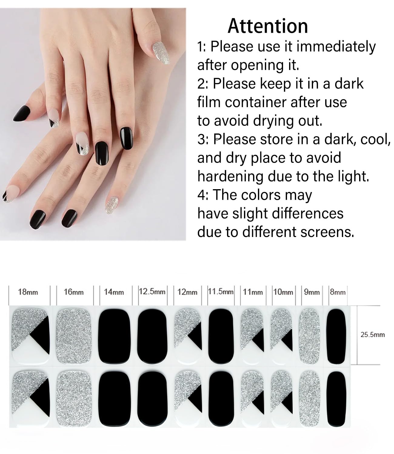 Semi Cured Gel Nail Strips - Black Glitter | 20pcs Gel Wraps UV for Home Nails DIY