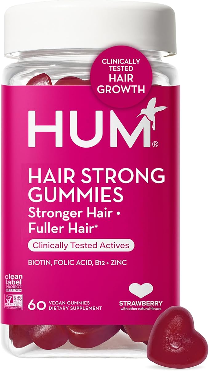 HUM Hair Strong - Daily Gummies with Biotin to Improve Hair Growth - Fo Ti, Folic Acid, Zinc, Vitamin B12 & PABA to Support Healthy Hair, Skin and Nails for Women and Men (60-Count)