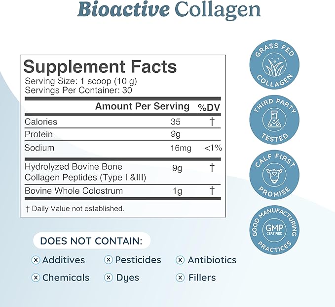 Collagen Peptides Powder w/Bovine Colostrum, Naturally-Sourced Hydrolyzed Bone Collagen Powder, Hair Skin Nail & Joint Support,Type I & III Grass-Fed Collagen Supplements for Women & Men
