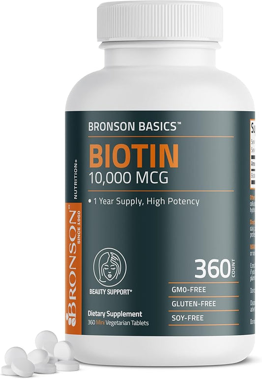 Bronson Biotin 10,000 MCG Supports Healthy Hair, Skin & Nails & Energy Production - High Potency Beauty Support - Non-GMO, 360 Vegetarian Tablets