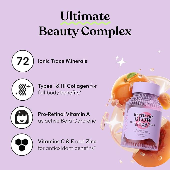 Lemme Glow Collagen Gummies for Thick Hair, Strong Nails & Healthy Skin with Multi-Collagen Peptides, Biotin, Trace Minerals, Zinc, Vitamins A, C & E, Dairy & Gluten Free, Peach Flavor, 60 ct.