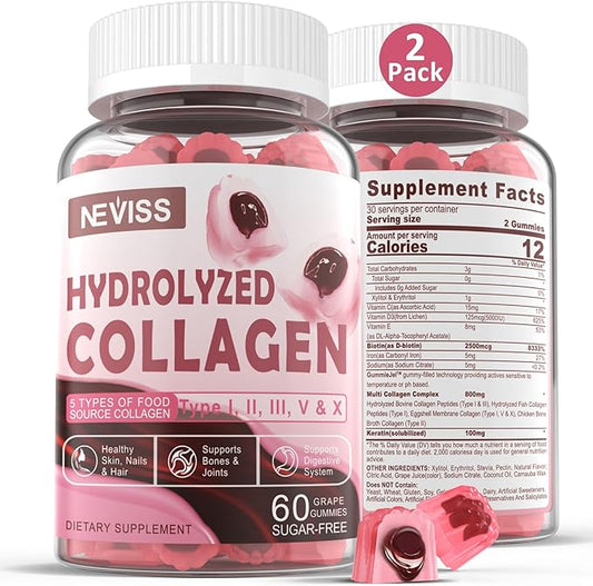 Hydrolyzed Collagen Peptides Gummies 800mg, Sugar Free Multi Peptides Type I II III V & X, Plus Biotin, Keratin & Vitamin for Women Men Healthy Skin Hair Nails, Bone & Joint Support 2 Pack