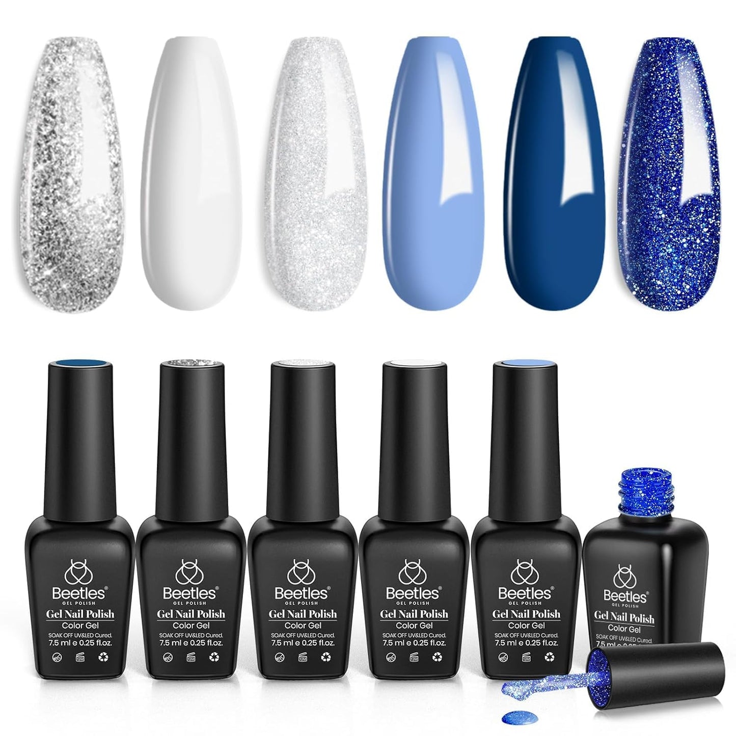 Beetles Blue Gel Polish Set, Glitter Snowflakes Collection Christmas Polish Set, White Glitter Navy Blue Silver Nails Color Gel Soak off UV LED Lamp Gift for Christmas