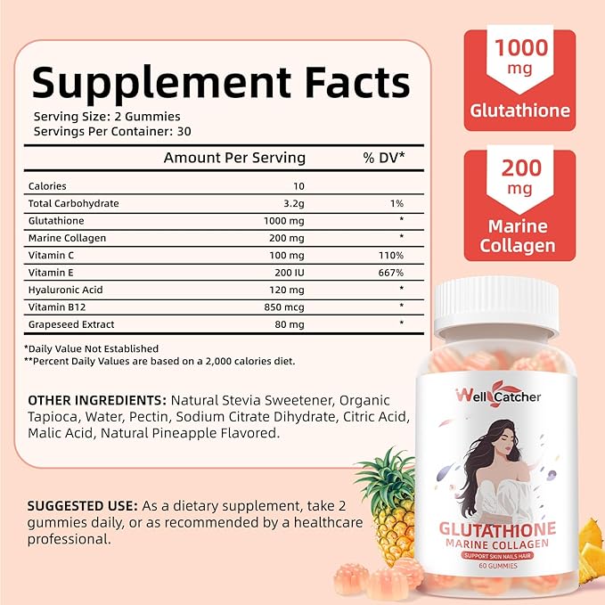 Glutathione Gummies for Skin Whitening - Glutathione 1000mg Supplement with Collagen Glow Gummies Sugar-Free Antioxidant Support for Women Skin Care Anti-Aging Immunity Pineapple Flavor 120ct