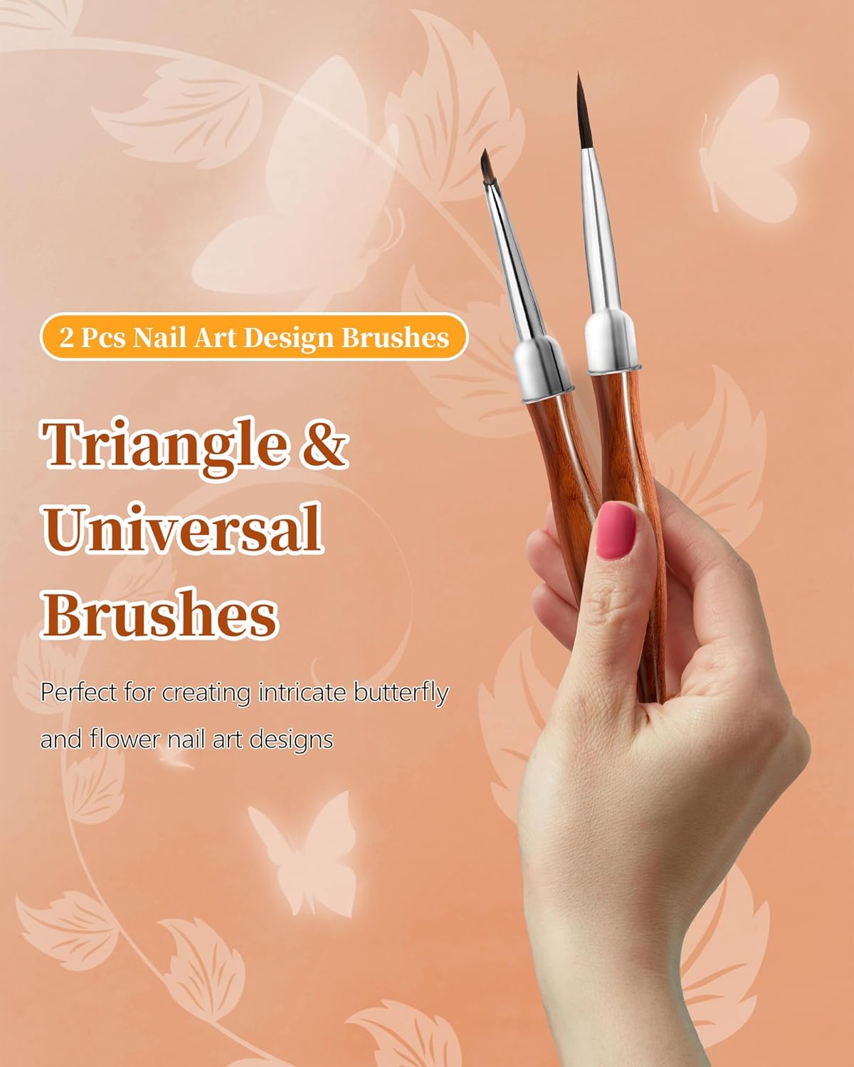 2Pcs Nail Art Brush Set, Multi-Functional 3D Nail Pen for Gel Extensions, Builder Nail Gel Design and Home DIY Manicure (Wood Color)