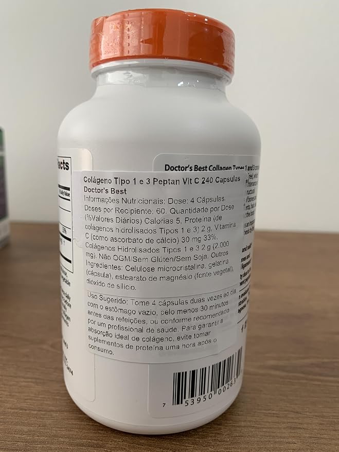 Doctor's Best Collagen Types 1 & 3 with Vitamin C, Non-GMO, Gluten Free, Soy Free, Supports Hair, Skin, Nails, Tendons & Bones, 500 mg, 240 Caps (DRB-00263)