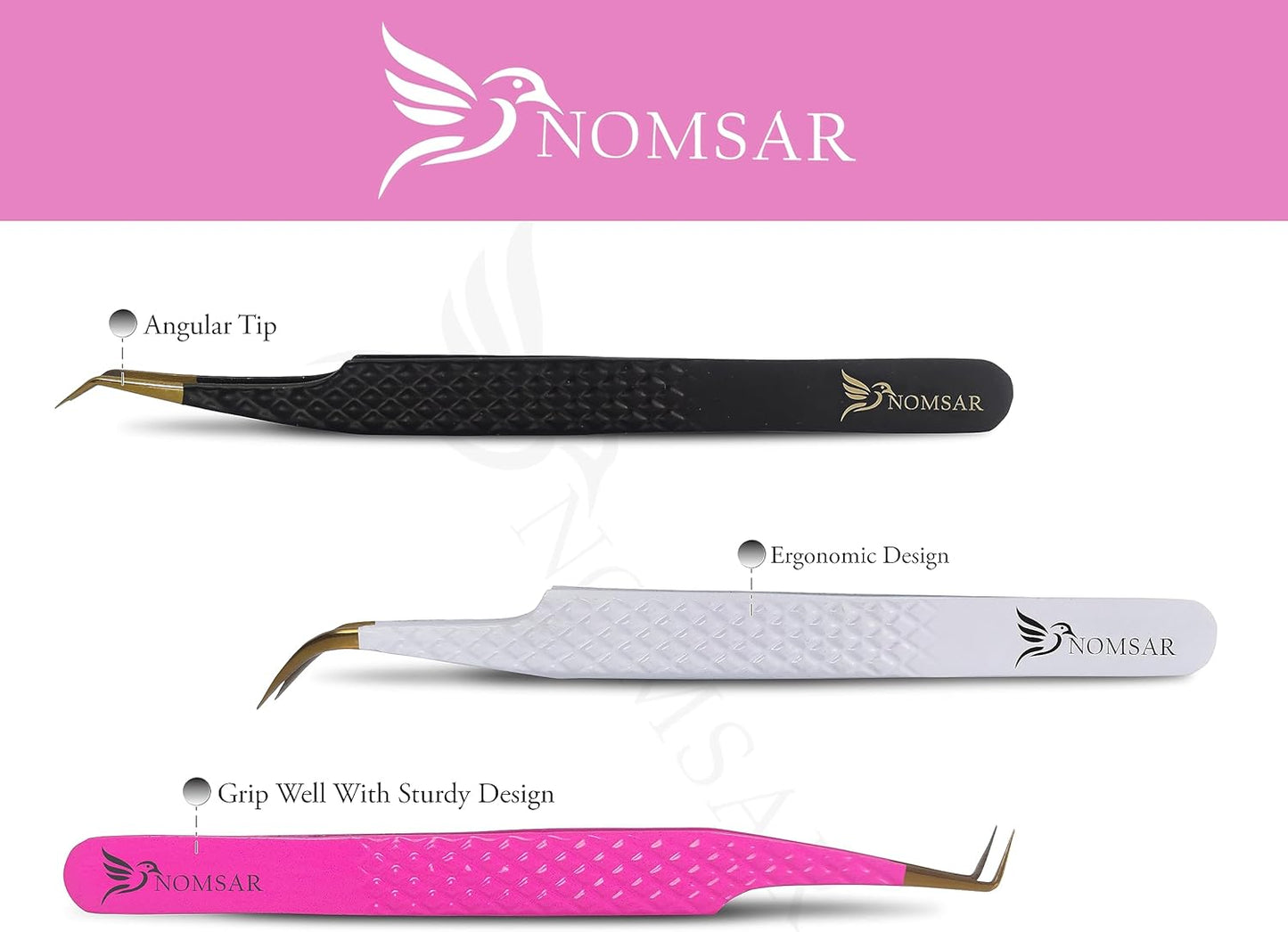 Eyelash Extensions Tweezers, Set of 3 - Stainless Steel with Diamond Grip for Volume lash Extension - Fiber Tip Tweezers for Multipurpose & Application (White)