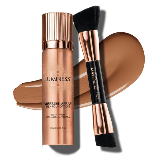 LUMINESS Silk Airbrush Spray Foundation & Buffing Brush Kit – Full Coverage Foundation & Dual-Sided Buffing Brush - Buildable Coverage, Anti-Aging Formula Hydrates & Moisturizes (Shade - Tan)