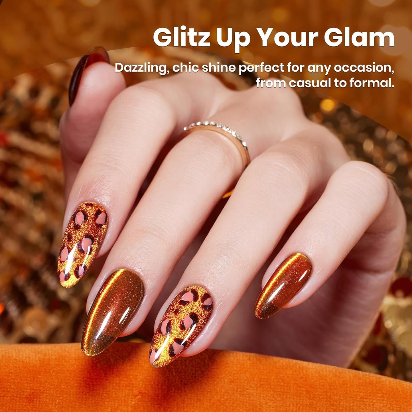 Beetles Brown Cat Eye Gel Nail Polish - Amber Glint Cat Eye Gel Polish, 15ML Fall Brown Gold Powder Magnetic Glitter Gel Polish Soak Off UV French Nail Art Salon DIY Manicure Gift for Women