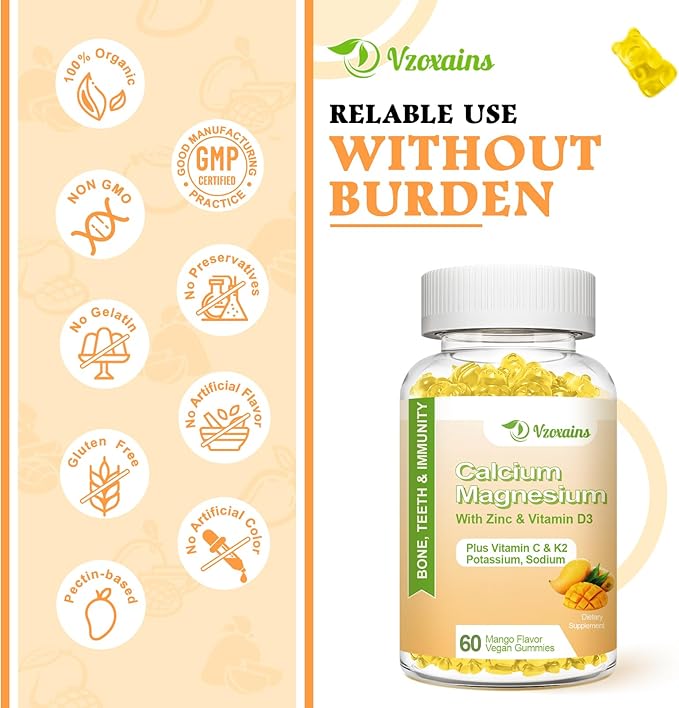 High Absorption Calcium Gummies, Sugar Free Calcium Magnesium Supplement with Vitamin D3 K2 for Bone & Teeth Strength, Muscle Function - Vegan, Mango Flavor 120 Cts