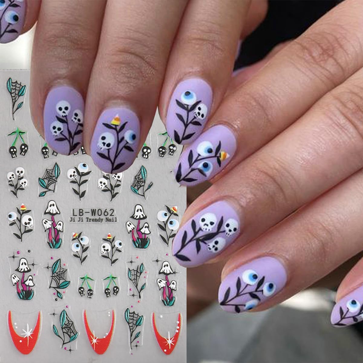 4 Sheets Cute Ghost Nail Art Stickers and Halloween French Flower Nail Decals Design 5D Self-Adhesive Brown Green Spider Web Nail Stickers Personalized Nail Art Supplies Stickers for DIY Manicure