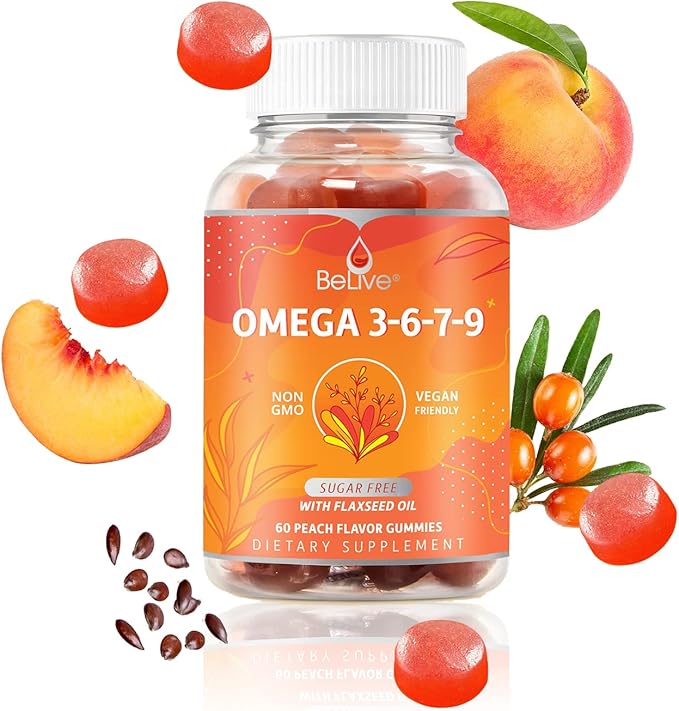 BeLive Organic Omega 3 Gummies - Omega 3 6 9 7 DHA & EPA from Flaxseed Oil & Sea Buckthorn Fruit Oil, Vegan Omega 3 for Kids & Adults, Full Body, Brain & Eye Support, Sugar Free – Peach | 2-Pack