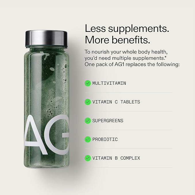 AG1 Greens Powder Supplement | Improve Gut Health | Multivitamin, Probiotic, Gluten Free, Vegan and Keto Friendly | 75 Vitamins (Athletic Greens)