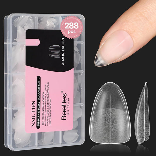 Beetles Short Almond Nail Tips - 288PCS 12 Sizes Full Matte Cover Pre-Etched & Pre-Shaped False Nails Soft Gel Nail Tips Acrylic Nail Tips Nail Extension Tips for Gel Polish DIY Manicure