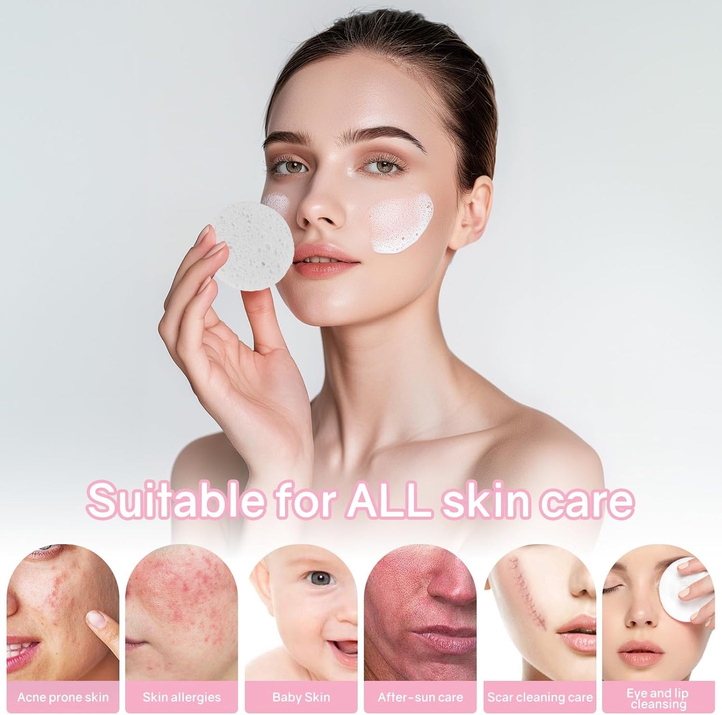 50-Count Compressed Facial Sponges,100% Natural Cellulose Cosmetic Make Up Sponges for Face Daily Facial Cleansing,Exfoliating,Makeup Removal(White)