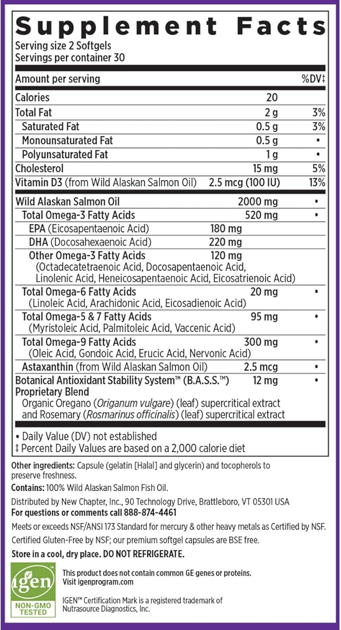 New Chapter Wholemega Fish Oil Supplement - Wild Alaskan Salmon Oil with Omega-3 + Vitamin D3 + Astaxanthin + Sustainably Caught - 60 ct, 1000mg Softgels