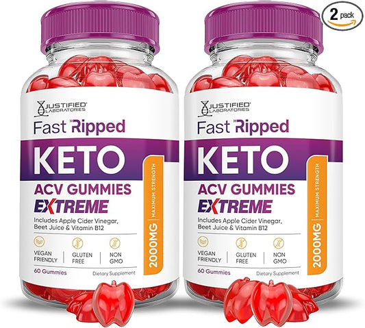 (2 Pack) Fast Ripped Keto ACV Gummies Extreme 2000MG Fast Ripped Keto Gummies Apple Cider Vinegar Formulated with Pomegranate Beet Juice Powder B12 Vegan Non GMO 120 Gummys
