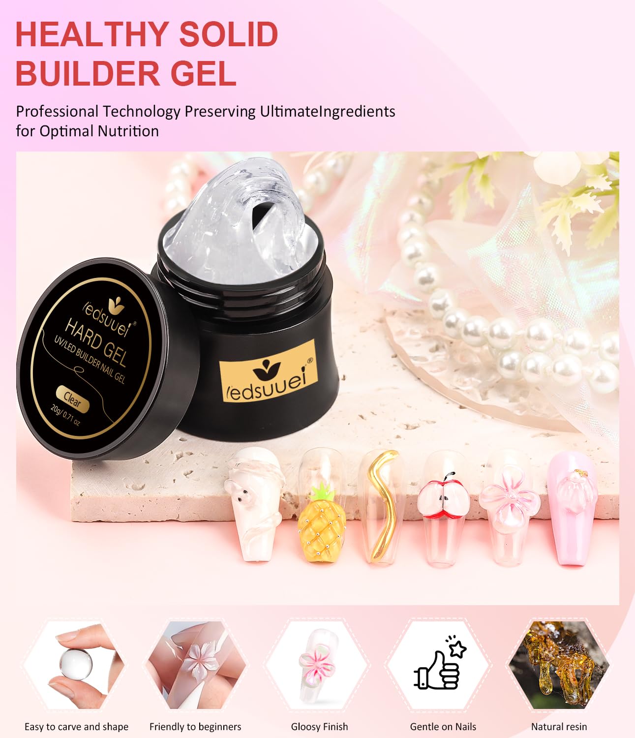 Solid Sculpting Builder Gel LEDSUUEI - Clear Nail Extension Gel, Non-Sticky Hard Gel for Nails, Nail Strengthen 3D Molding Builder Nail Carving Glue Kit for Beginners 20g