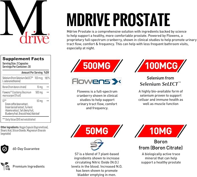 Mdrive Prostate Prostate Support Supplement for Men's Health, Promotes Urinary Tract Health, Supports Normal Flow, Frequency & Bladder Emptying, Flowens Cranberry Extract, S7 N.O. Booster, 60 Capsules
