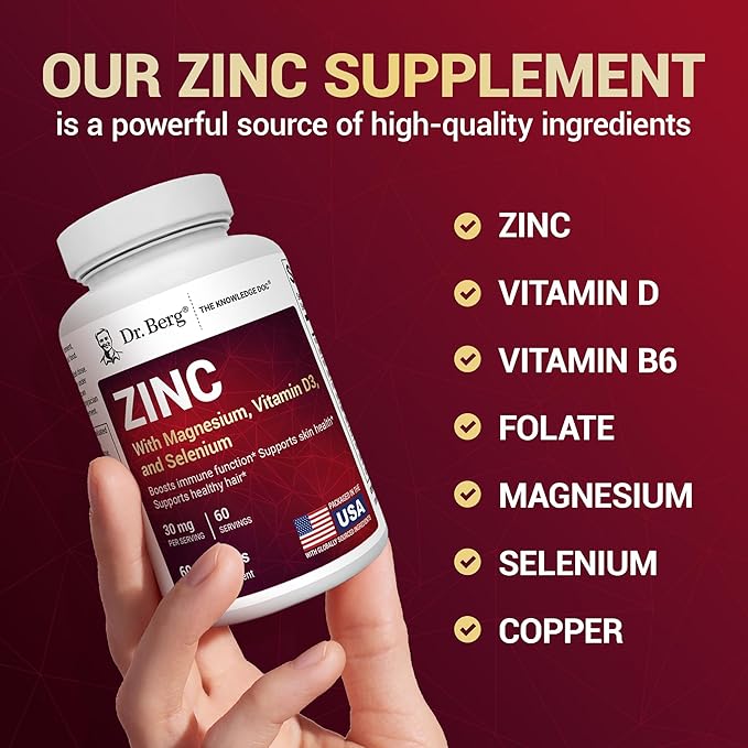 Dr. Berg Zinc 30mg Enhanced with Magnesium, Vitamin D3, Selenium, & Copper - Zinc Supplements for Men & Women - Chelated Zinc for Immune, Skin, Hair, & Nails Support* - 60 Capsules