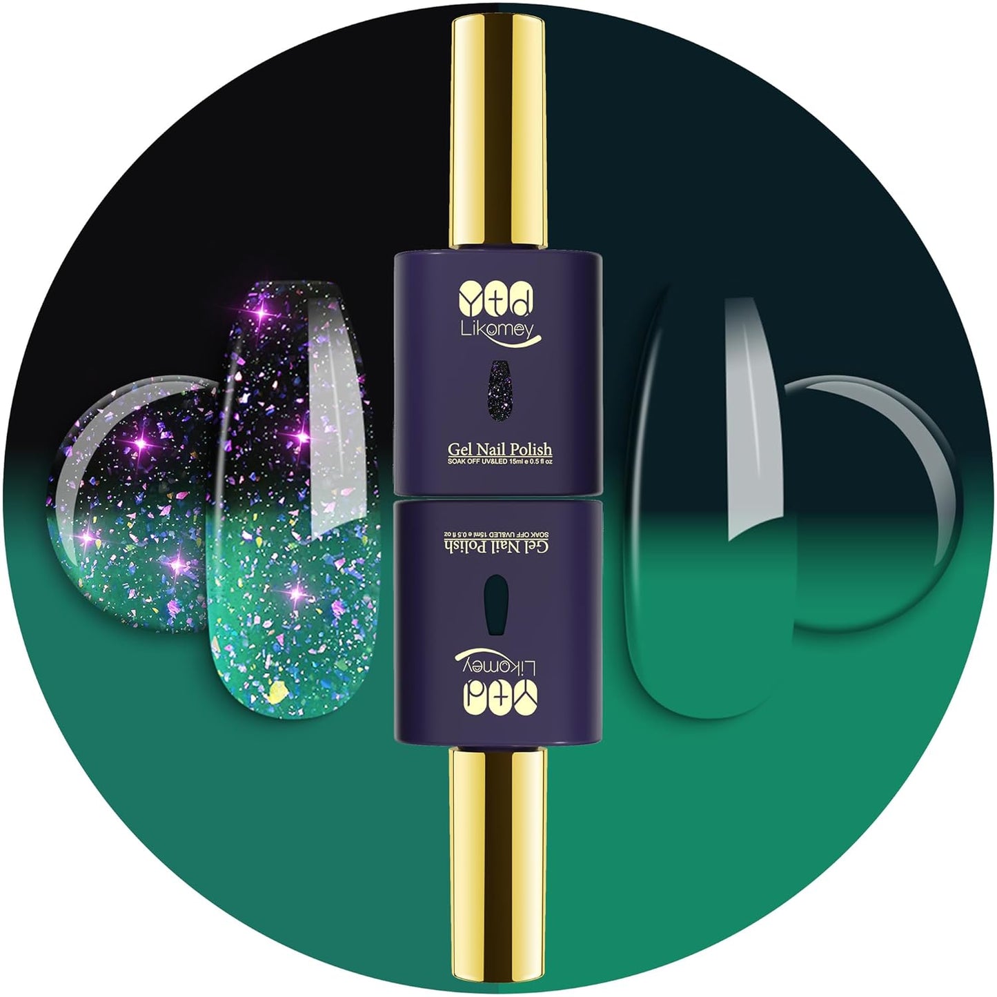 YTD Likomey Color Changing Gel Nail Polish Set,2 Pcs 15ml Bright Green to Dark Green Brocade Glitter and Pure Color Kit,Thermal Ombre Change Colors Salon Manicure Fall Winter UV Nail Varnish,WB2-3