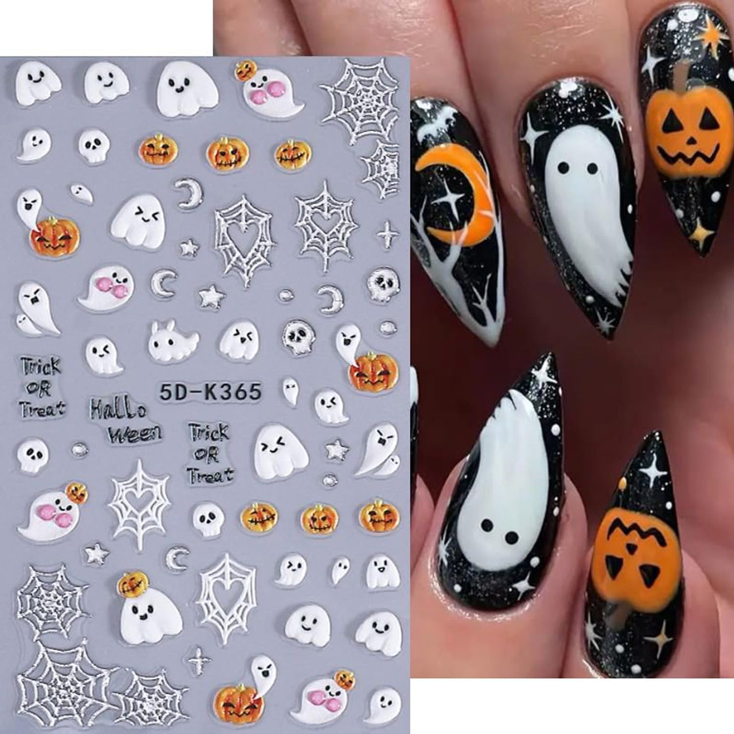 2Sheet Halloween Nail Art Stickers 5D Relief Cartoon Ghost Cat Dark Self-Adhesive Sticker Nail Decals Cute Ghost Pumpkin Pattern Nail Art Slider DIY for Women Girl Cute Halloween Nail Decoration