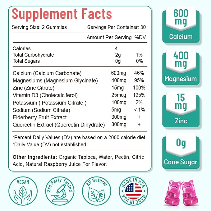 Calcium Magnesium Zinc Gummies with Vitamin D3, Sugar Free Calcium Magnesium Supplement for Bone & Teeth Strength, Muscle Function - Vegan, Raspberry Flavor, 120 Count